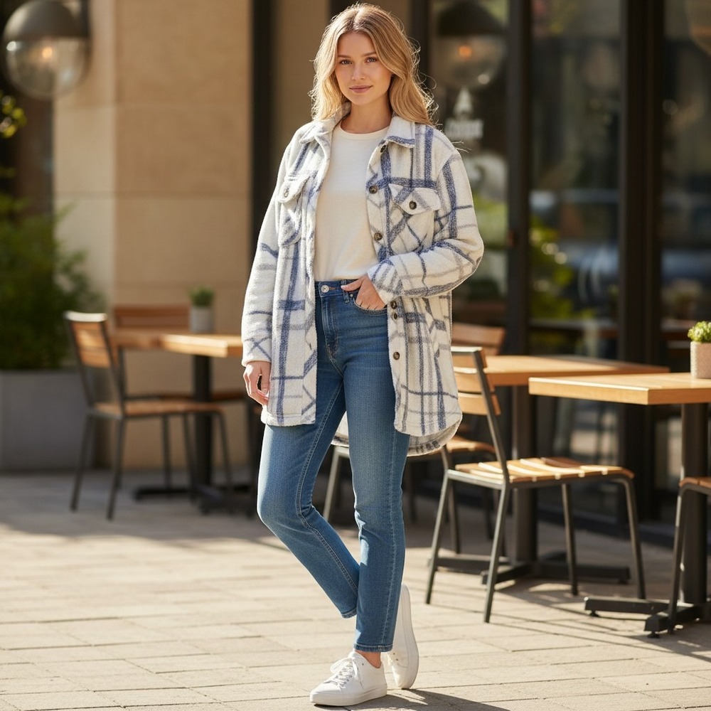 Altar'd State Plaid Shacket Dusty Blue Medium Button Down Jacket